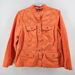 Talbots Utility Jacket Womens XL Orange Cotton Button Front Mock Neck Safari